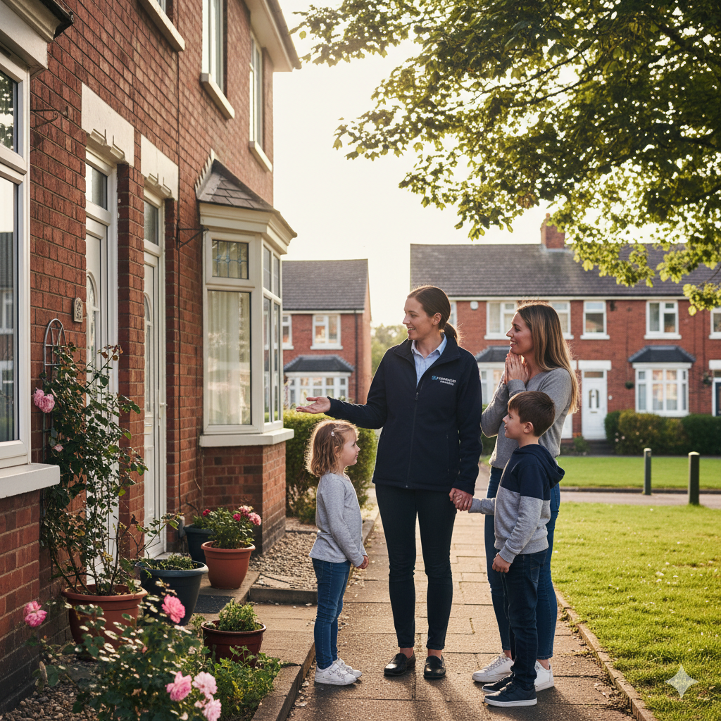 Housing professional meeting with family outside their home
