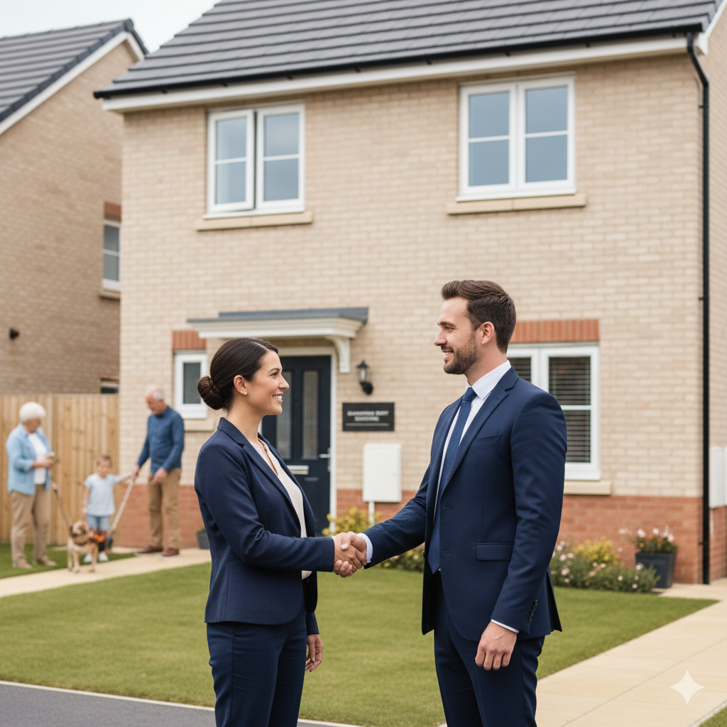 Professional property partnership - real estate agents meeting in front of quality housing